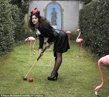 Michelle Ryan posing with flamingo